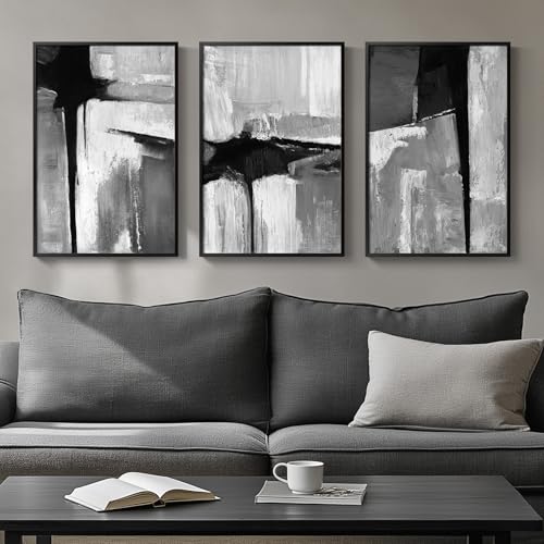 Framed Black White Gray Abstract Wall Art, 3 Piece Canvas Prints 16x24 In - color: Infinite Gray, size: 16" W x 24" H x 3Pcs