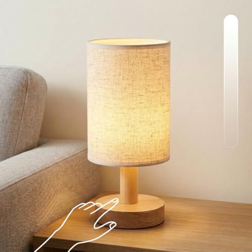 Small Cordless Rechargeable Table Lamp, Touch Control Dimmable 2700K Warm Light, Natural Wood Base Linen Shade for Bedroom Dorm Nightstand