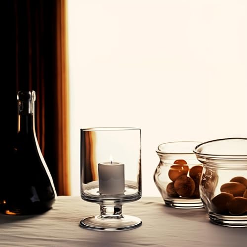 WGVI Clear Glass Pedestal Hurricane Candle Holder, 4.65" W, 7.9" H, Decorative Vase for Pillar Candles, Short Stemmed Candleholder Cylinder, Tabletop Centerpieces, Home Décor, Elegant Design, 1 Piece - size: 8" H