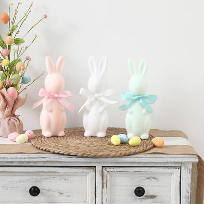 FestalMart Easter Decorations-3 Pack Flocked Bow Tied Bunny Set- Pastel Bunny Decor for Spring Home Shelf Mantel Table Windowsill Party Decor