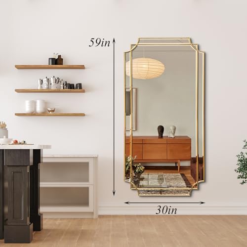 59"x30" Large Rectangle Beveled Mirror with Gold Geometric Frame - color: Gold, size: 59"L x 30"W