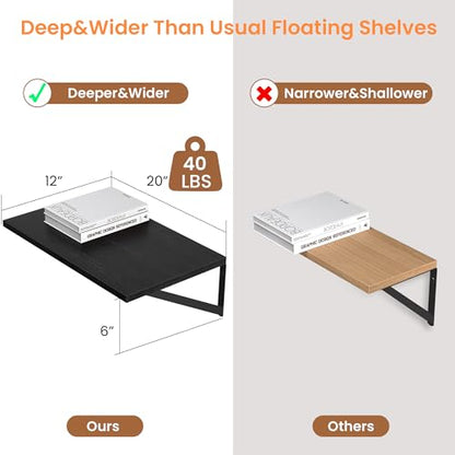 Heimlove 20W x 12D Deep Floating Shelves Set of 2 Black - color: Black With Black Metal Bracket, size: 20Wx12Dx5.8H