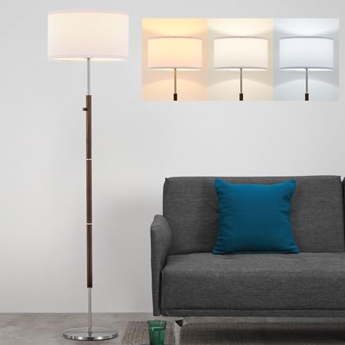 ELYONA Dimmable Floor Lamp Walnut Wood Grain & Brushed Nickel Standing Lamp Mid Century Modern Coner Pole Lamp with White Fabric Shade & Rotary Switch for Living Room Bedroom Office,LED Bulb Included - color: Walnut Wood Grain & Brushed Nickel