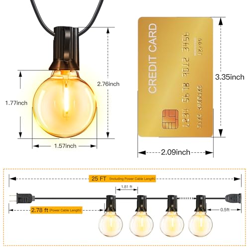 Ollny Outdoor String Lights, 25FT LED Patio Lights Waterproof Plug in - color: Black Wire, size: 25FT-Warm White