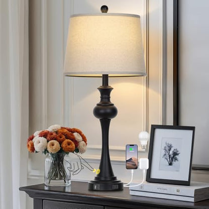 Cinyirong 28.75" Black Modern Table Lamps for Living Room, Bedside Lamp with USB A+C Ports & AC Outlets, 3 Way Dimmable Touch Lamps for Living Room,Nightstand Lamp LED Bulb Included (1Pack - color: 1Pack-Black