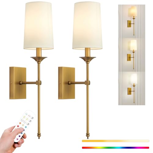 Battery Operated Wall Sconce Set of 2,Cordless Wall Sconce with Dimmable Bulb and Remote,Rechargeable 15 Colors Wall Lamp for Bedroom Living Room Hallway - color: Brass-RGB Color