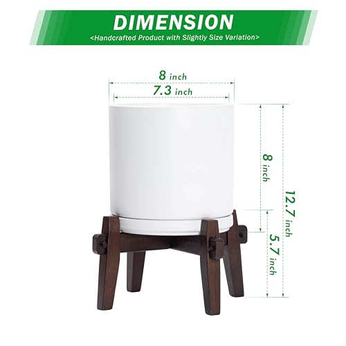 D'vine Dev Ceramic Planter with Wood Stand - 8 Inch Mid Century Modern Cylinder Indoor Plant Pot Set for Indoor Plants & Flowers, White, 55-A-Y-1 - size: 8 inch
