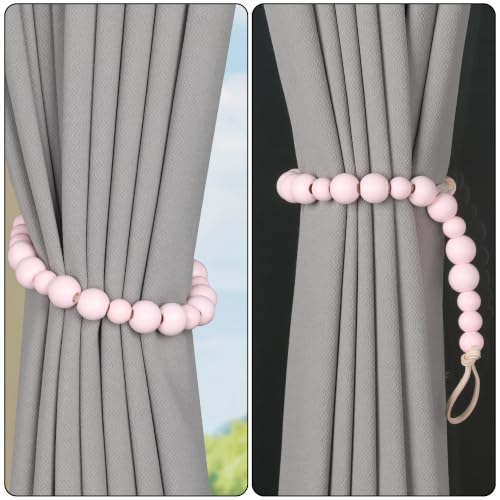 Boho Wood Bead Curtain Tiebacks Curtain Holdbacks with Hooks - color: Pink