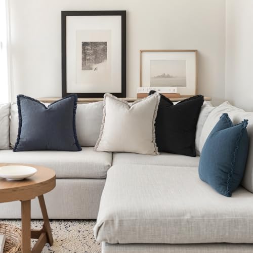 MIULEE Fall Linen Fringe Pillow Covers Set of 4 18x18 Beige/Coastal Blue - color: Coastal Blue, size: 18" x 18" (Pack of 4)