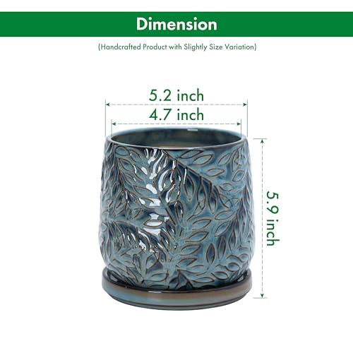 D'vine Dev Embossed Leaves Ceramic Planter, 5 in, Ocean Teal, 27-A-V-8 - color: Ocean Teal, size: 5 Inch