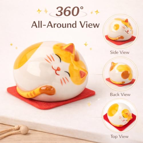 kcrygogo Ceramic Tabby Cat Figurine, Chubby Round Cat Figurine Mini Cat Statue, Cute Desk Decor & Shelf Decor, Small Cat Lover Gift (5cm)