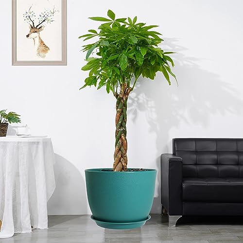 UOUZ 12inch Large Plant Pot, Modern Plastic Planter with High Driange Holes and Saucer for Indoor Outdoor Garden Plants and Flowers, Black with Green Speckles - color: Blue