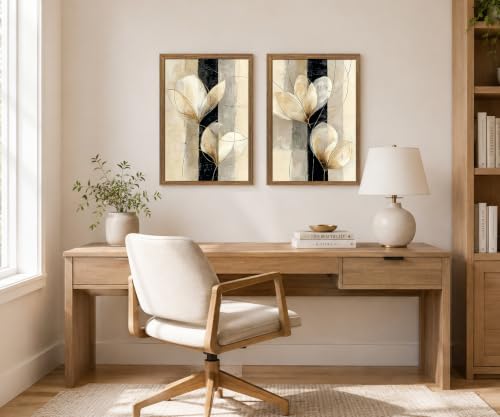 Framed Modern Neutral Black White Abstract Floral Canvas Wall Art Set of 2 - color: Beige, Black, Gold, Cream, White, size: 12"L x 16"W