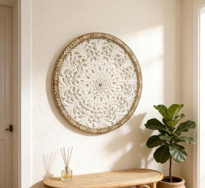 TwinLakes 24.8’’ Wooden Carved Mandala Wall Sculptures, Round Cutout Floral Wall Panel, Bohemian Wall Art for Living Room, Bedroom, Kitchen, Entryway