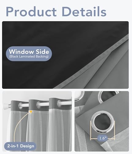 100% Blackout Curtains with Sheer Overlay, Grey, 52 x 63 inch, 2 Panels - color: Grey, size: 52"W x 63"L (Pack of 2)