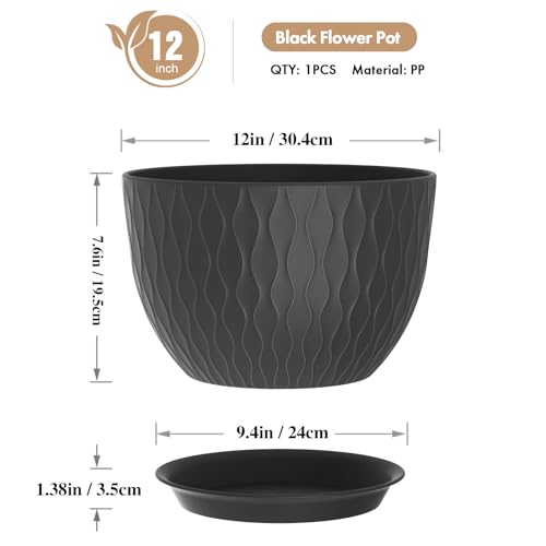 WSMKSZ 12 Inch Large Plant Pots for Indoor or Outdoor Plants, Wide Water Ripples Flower Pots with Drainage Holes & Saucer, Plastic Planters Set for Garden & Home Decor (Black) - color: Black