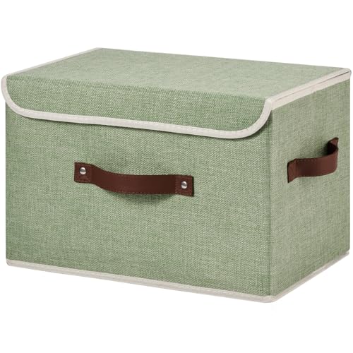 Storage Bins Box with Lids Decorative Cotton Linen Fabric Baskets | Foldable Washable Stackable Lidded Container, Shelf Closet Organizer, w/ PU Leather Handles & PP Boards, Light Green-Large - color: Light Green, size: Large ( Pack of 1 )