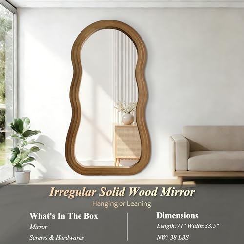 71"x33.5" Wavy Full Length Mirror with 3-Layer Solid Wood Frame - color: Natural Wavy Frame, size: 71"L x 33.5"W