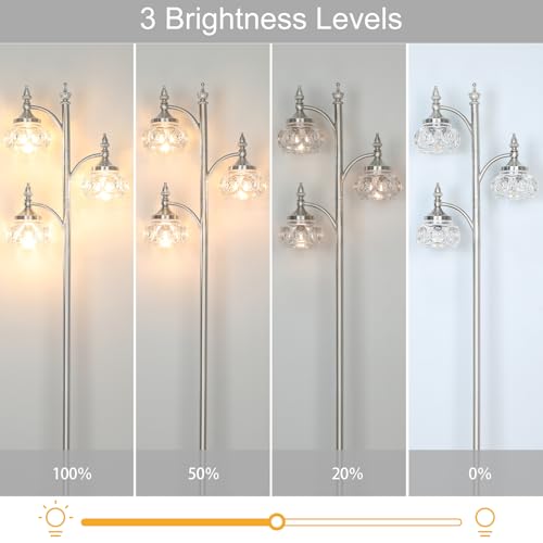 JUNNAI Brushed Nickel Floor Lamp 66.5'' Tall Standing Lamp Dimmable Tree Floor Lamps with 3 LED Lights Glass Shades Silver Lamp for Living Room Bedroom Office(3 Bulbs Included) - color: Silver