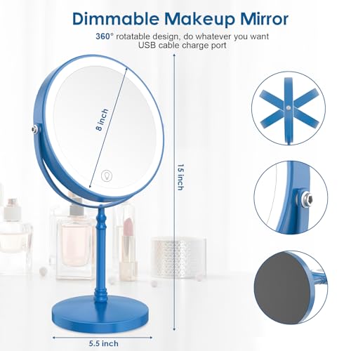 DEIOVWXS Makeup Mirror, Rechargeable Vanity Mirror with 3 Lights, 1X/10X - color: Blue