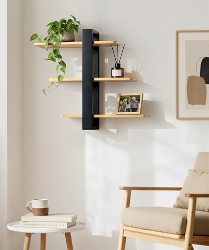 SUMGAR Wood Floating Shelves for Wall, 3 Tier Adjustable Plant Shelf Unit - color: Black&wooden, size: 3 Tier 19.6in