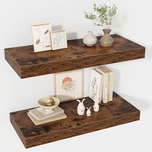 Acovy 24 Inch Floating Shelves, 12" Deep Floating Shelf Wall Mounted, 24" Wall Shelves, Rustic Deep Bookshelf, Extra Deeper & Thicker Display Shelves for Bedroom, Living Room, Brown, Set of 2 - color: Brown, size: 12"Wx24"L-2pcs