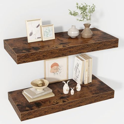 Acovy 24 Inch Floating Shelves, 12" Deep Floating Shelf Wall Mounted, 24" Wall Shelves, Rustic Deep Bookshelf, Extra Deeper & Thicker Display Shelves for Bedroom, Living Room, Brown, Set of 2 - color: Brown, size: 12"Wx24"L-2pcs
