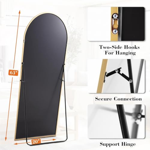 DUMOS 63"x20" Arched Full Length Floor Mirror, Full Body Mirror with Stand - color: Gold-rounded, size: 63"L x 20"W