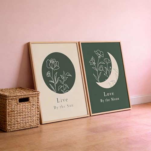 KBCXOY Sage Green Boho Sun and Moon Wall Art Bedroom Moon Phase Prints - color: Sun and Moon, size: 12 x 16 inches