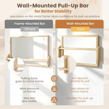 Montessori Mirror with Pull Up Bar, 23.6 x 15.7 in Natural Wood Frame & Shatter-Resistant Acrylic Baby Mirror for Floor and Wall, Tummy Time and Pull-to-Stand Practice - size: 23.6 x 15.7 inches