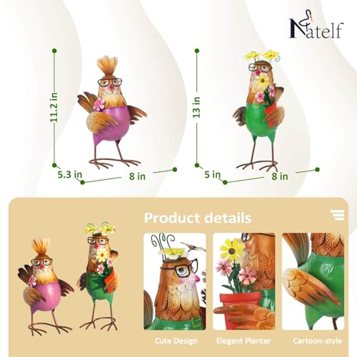 Natelf Metal Rooster & Hen Outdoor Statues Chicken Sculptures Set