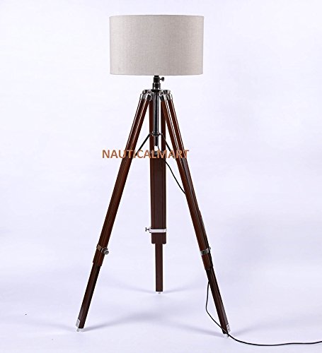 NauticalMart Beautiful Designer Wooden Tripod Floor LAMP with White Cotton Shade