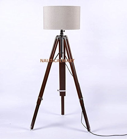 NauticalMart Beautiful Designer Wooden Tripod Floor LAMP with White Cotton Shade