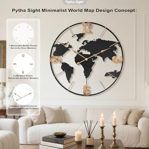 Pytha Sight 36 Inch Large Extra Metal Oversized Arabic World Map Wall Clock - color: Gold Arabic, size: 36 inch
