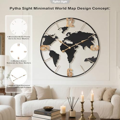 Pytha Sight 36 Inch Large Extra Metal Oversized Arabic World Map Wall Clock - color: Gold Arabic, size: 36 inch