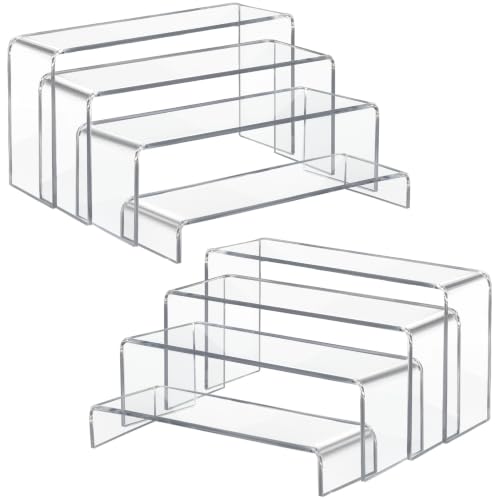 Acrylic Display Risers 8 Pcs 2 Set (7”L~8”L~9”L), Clear Rectangular Display Shelf for Dessert Table & Cupcake, Figures, Perfume, Collectibles, Shoe and More
