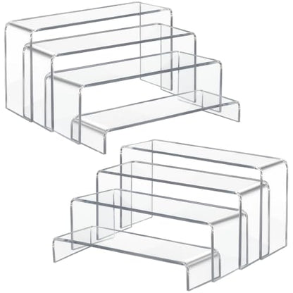 Acrylic Display Risers 8 Pcs 2 Set (7”L~8”L~9”L), Clear Rectangular Display Shelf for Dessert Table & Cupcake, Figures, Perfume, Collectibles, Shoe and More
