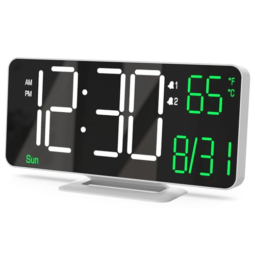 KOSUMOSU Digital Clock for Bedroom, 6.7" Desk Clock LED with Day of Week, Auto Dimming,Indoor Temperature, Clocks for Living Room, Alarm Clocks for Bedrooms - color: White (White + Green Digits)