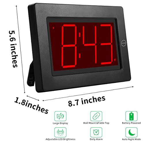 Alarm Clock,3" LED,3-level Brightness,Battery Operated,Wall-mount/Table-top - color: Black Case-red Led Digit