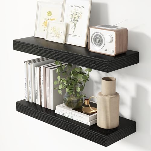 Heimlove 24 Inch Floating Shelves for Wall Black Shelves Set of 2,Wall Mounted Rustic Wood 8 Inch Deep Floating Shelf with Invisible Brackets for Bedroom Kitchen Living Room - color: Black, size: 24''W x 7.9''D x 1.5''H,Set of 2-MDF