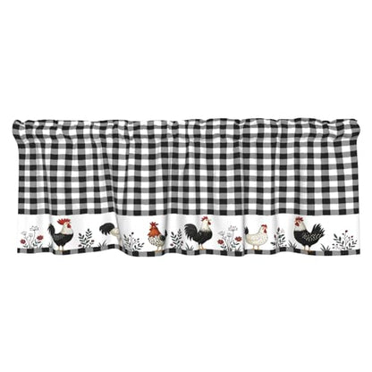 Buffalo Check Plaid Valances for Windows Farmhouse Rooster Kitchen Curtains Rustic White and Black Design Window Treatment Rod Pocket Valances for Kitchen Living Room 54 x 18 Inch, 1 Panel - color: Black and White