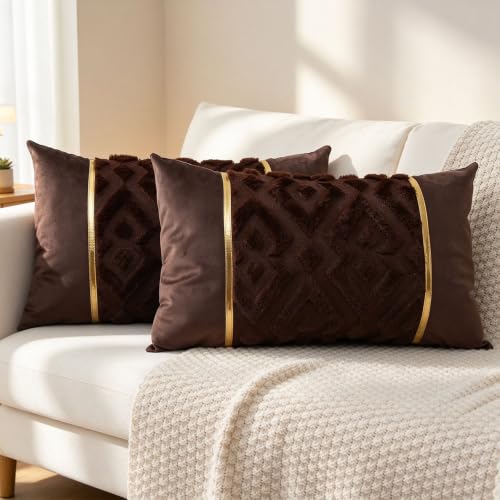 Luxury Patchwork Tufted Lumber Pillow Cover 12x20 Inch Set of 2 - color: Dark Brown, size: 20" x 12" (Pack of 2)