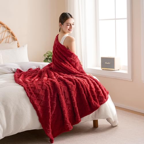 Red Fleece Throw Blanket for Couch Sofa 50”x60” with Diamond Checkered - color: Red, size: Throw(50"x60")