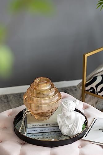 T2 Concept 9x9x10” Clear Amber Luster Glass Accent Vase with Modern Geometric Tiered Design Home Decor Flower Vase for Mantel Tabletop Shelf Office Event