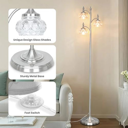 JUNNAI Brushed Nickel Floor Lamp 66.5'' Tall Standing Lamp Dimmable Tree Floor Lamps with 3 LED Lights Glass Shades Silver Lamp for Living Room Bedroom Office(3 Bulbs Included) - color: Silver