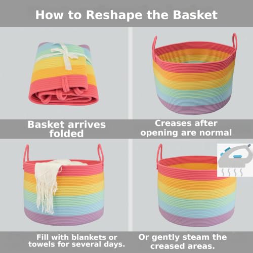 XUANGUO 66L Large Blanket Basket, Round Cotton Rope Basket, Rainbow - color: rainbow