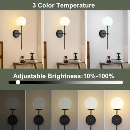 Globe Battery Operated Sconce Set of 2 with Clear Glass Lampshade - color: Black-Frosted White
