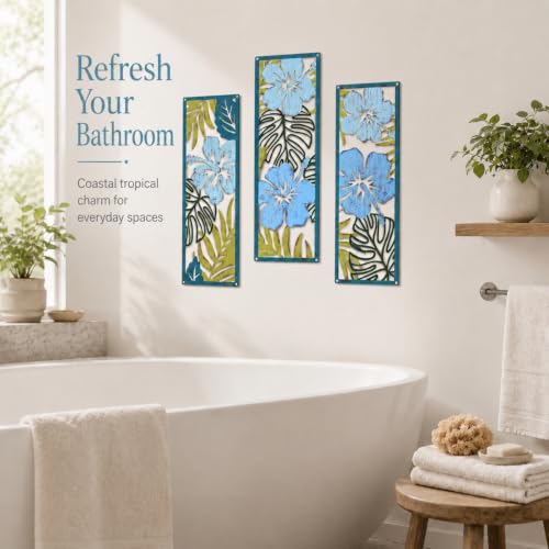 pechpell 3 Pcs Metal Tropical Bathroom Wall Art for Above Toilet Home Decor - color: Green Blue