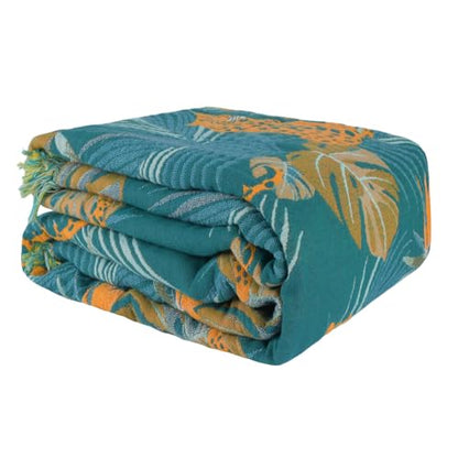 Boho Throw Blanket for Couch Bed, 100% Cotton Soft Rustic Quilt with Tassel 80''x 90'', Super Soft Bohemian Decor Reversible Sofa Bed Chair Blanket Cover for All Seasons(Floral Leopard)