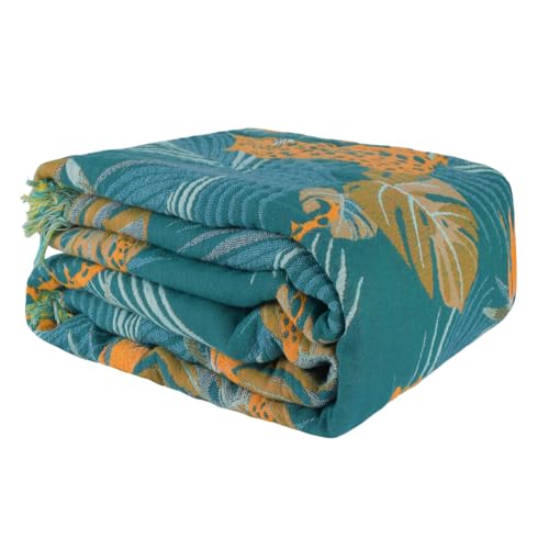 Boho Throw Blanket for Couch Bed, 100% Cotton Soft Rustic Quilt with Tassel 80''x 90'', Super Soft Bohemian Decor Reversible Sofa Bed Chair Blanket Cover for All Seasons(Floral Leopard)